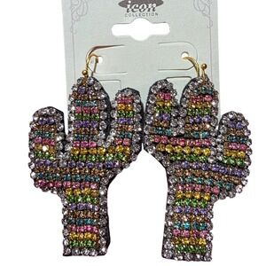 Icon Collection Cactus Earrings Rainbow Rhinestone Dangle Gold Tone‎ NWT